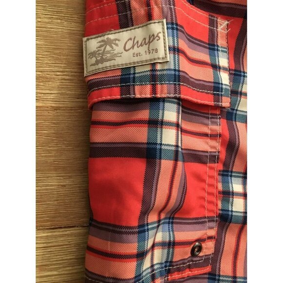 CHAPS Mens Coral Pink Plaid Swim Trunks Board Shorts Size XXL Mesh Liner - Picture 4 of 5